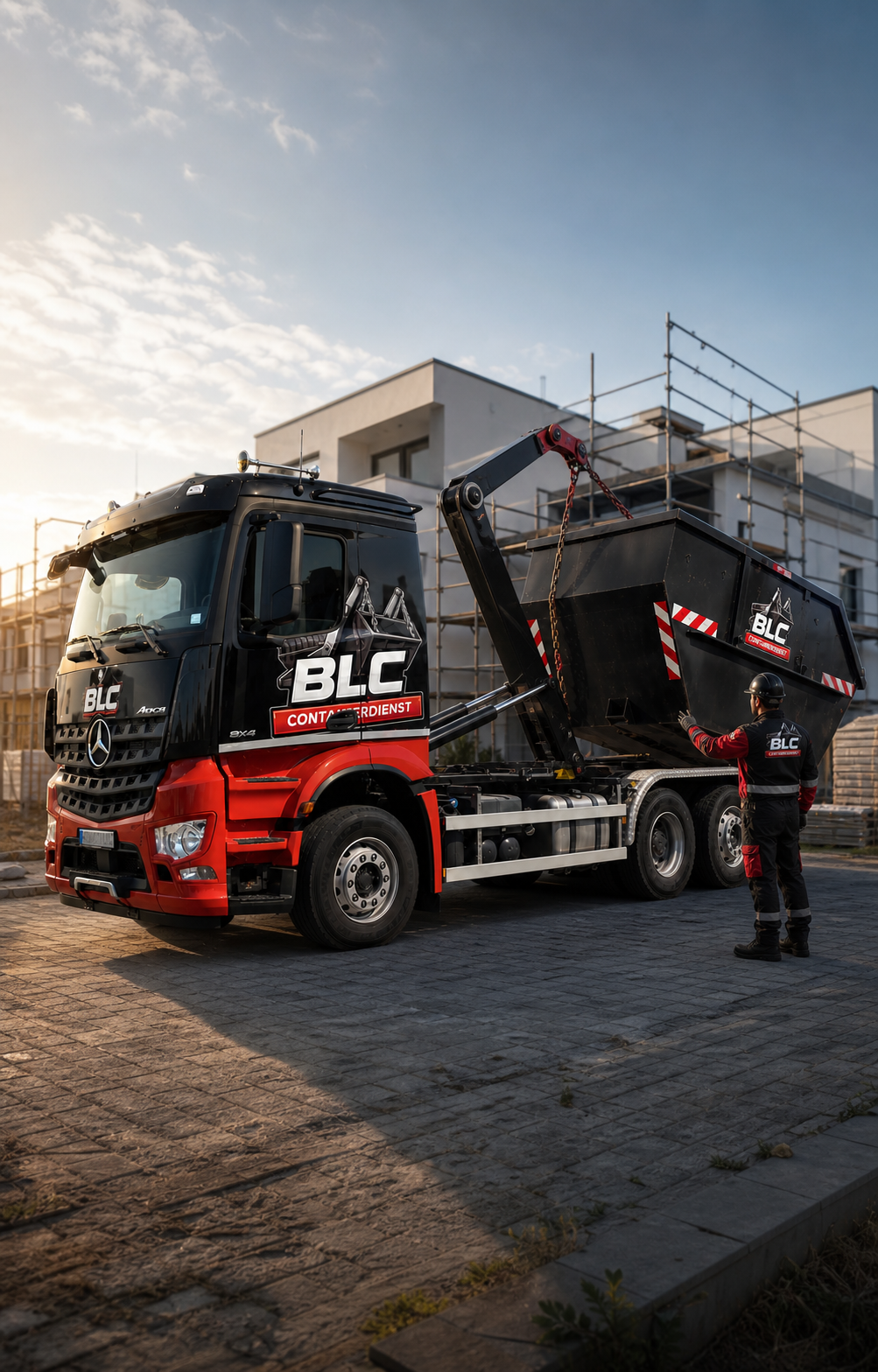 BLC Containerfahrzeug beim kontrollierten Absetzen eines Containers