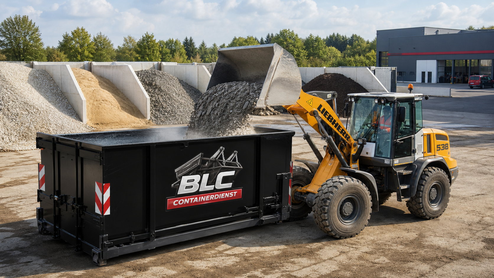 Radlader füllt Schüttgut in einen BLC Container